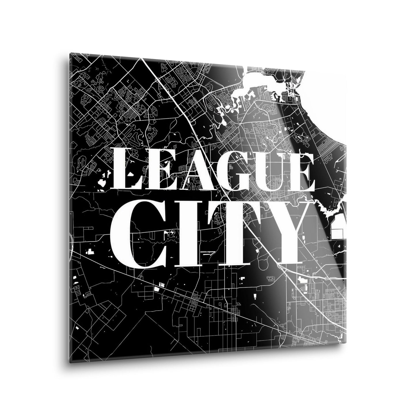 Minimalistic B&W Texas League City Map | Hi-Def Glass Art | Eaches | Min 1