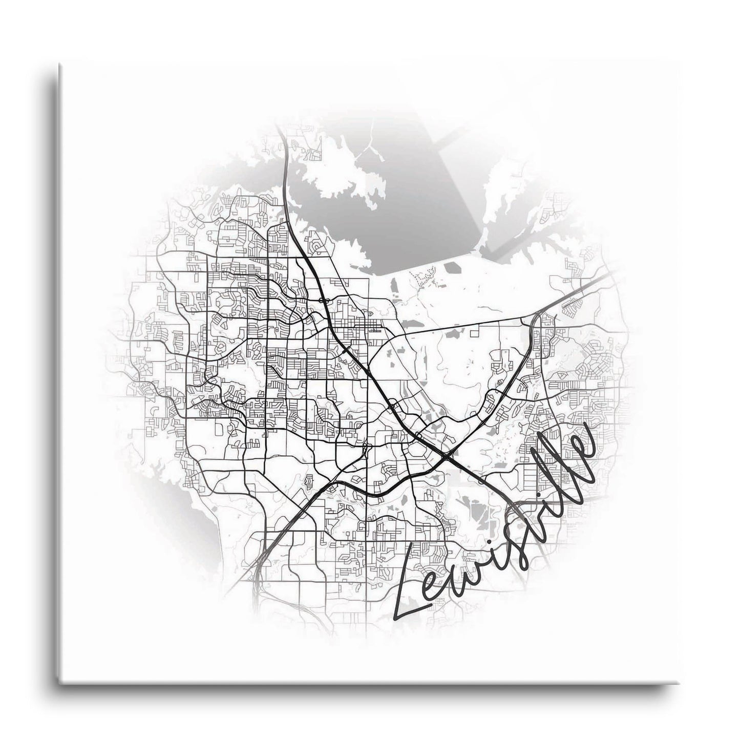 Minimalistic B&W Texas Lewisville Circle Map | Hi-Def Glass Art | Eaches | Min 1