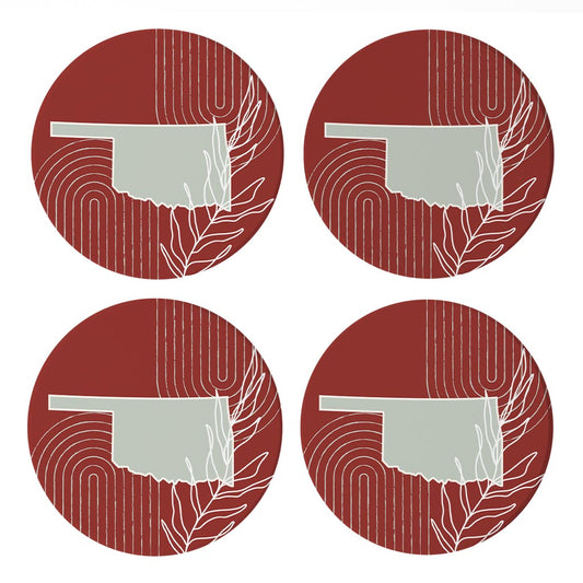 Modern Minimalist Oklahoma State Shape With Leaf | Absorbent Coasters | Set of 4 | Min 2