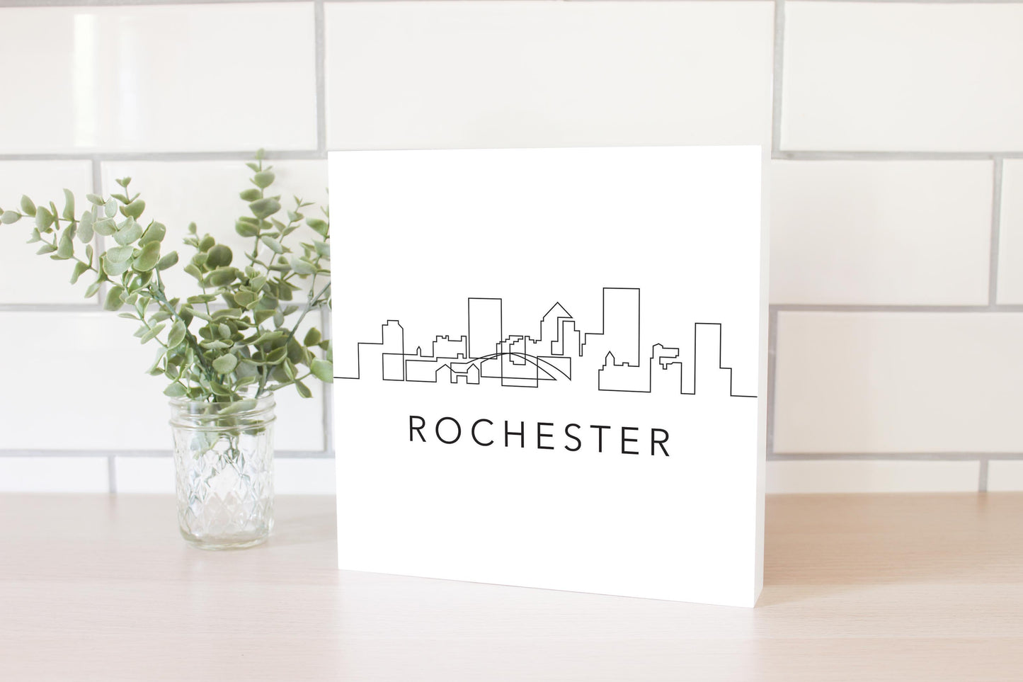 Minimalistic B&W New York Rochester Skyline | Wood Block | Eaches | Min 2