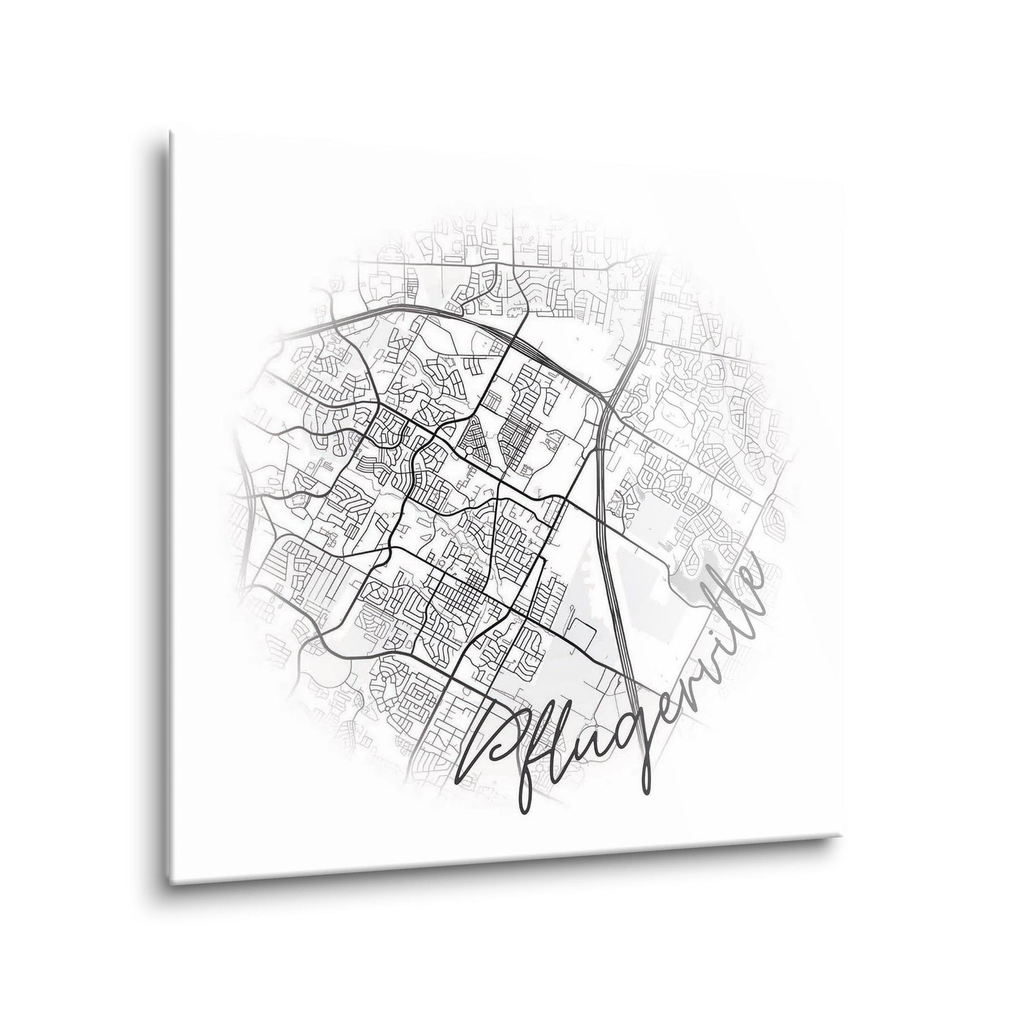 Minimalistic B&W Texas Pflugerville Circle Map | Hi-Def Glass Art | Eaches | Min 1