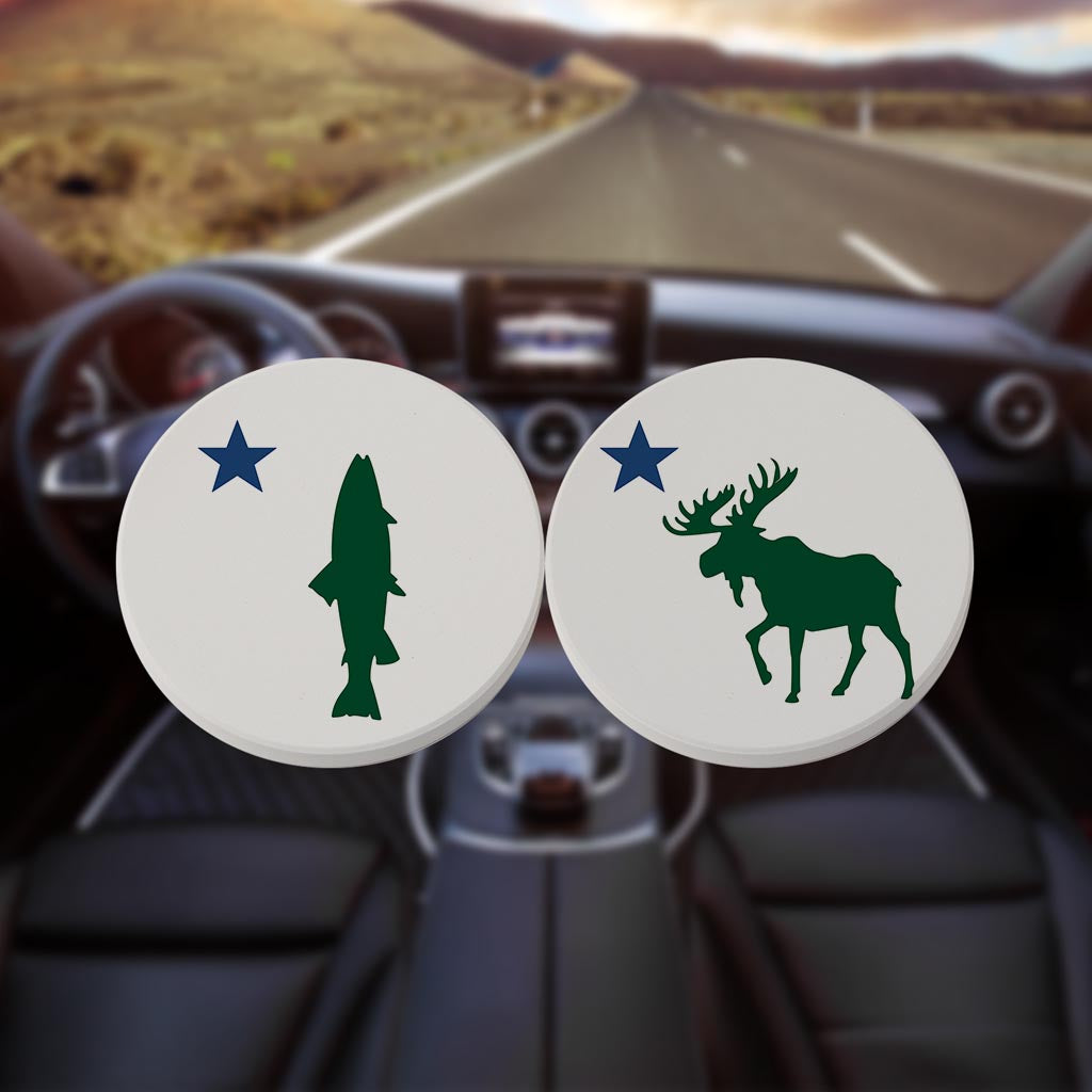 New England Star With Trout Moose| Absorbent Car Coasters | Set of 2 | Min 4