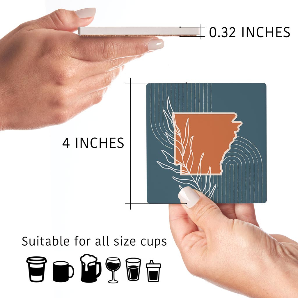 Modern Minimalist Arkansas State Shape With Leaf | Absorbent Coasters | Set of 4 | Min 2