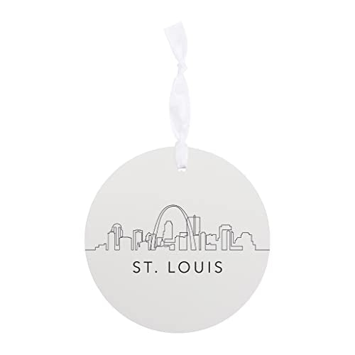 Minimalist B&W Missouri St Louis Skyline Joyride Home Decor Ornament 4 Inch Wooden Round Ornament With White Ribbon Christmas Decor Gift Tag Artist Designed| Wood Ornament | Eaches | Min 6