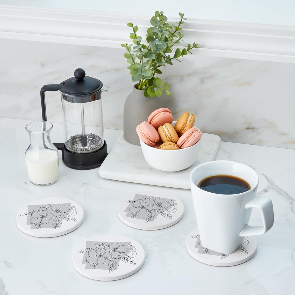 B&W Minimalist Arkansas Single Line Apple Blossoms | Absorbent Coasters | Set of 4 | Min 2