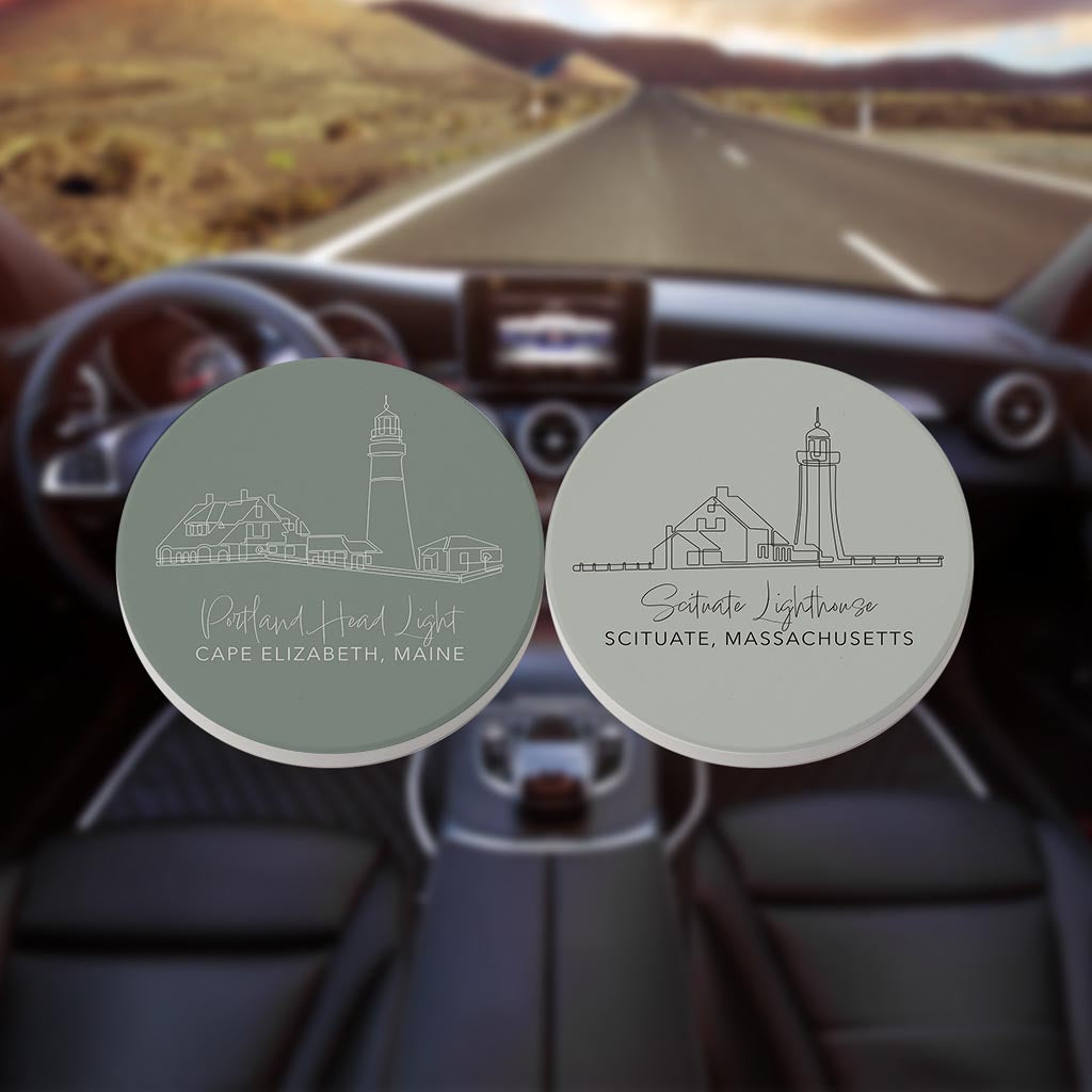 New England Lighthouses Muted Coastal | Absorbent Car Coasters | Set of 2 | Min 4