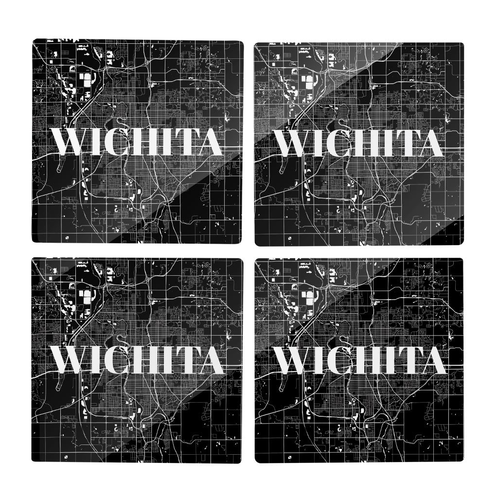 Minimalist B&W Kansas Wichita Map | Hi-Def Glass Coasters | Set of 4 | Min 2