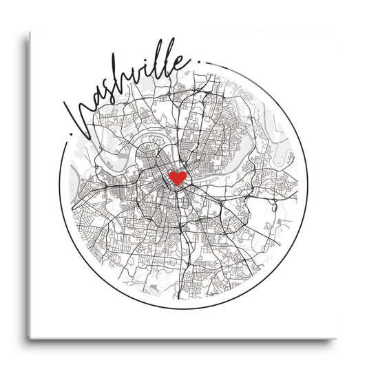 Minimalist B&W Tennessee Nashville Circle Map Heart | Hi-Def Glass Art | Eaches | Min 1
