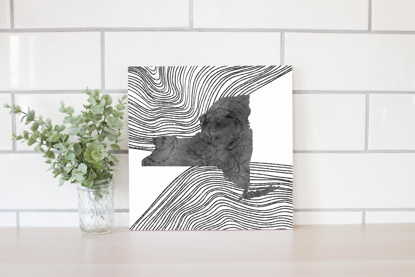 Minimalistic B&W New York State With Fluid Lines | Wood Sign | Eaches | Min 2