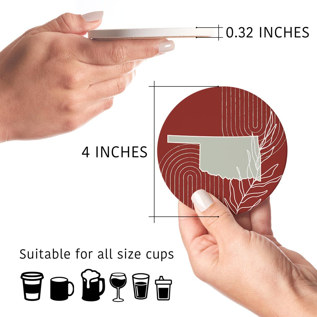 Modern Minimalist Oklahoma State Shape With Leaf | Absorbent Coasters | Set of 4 | Min 2
