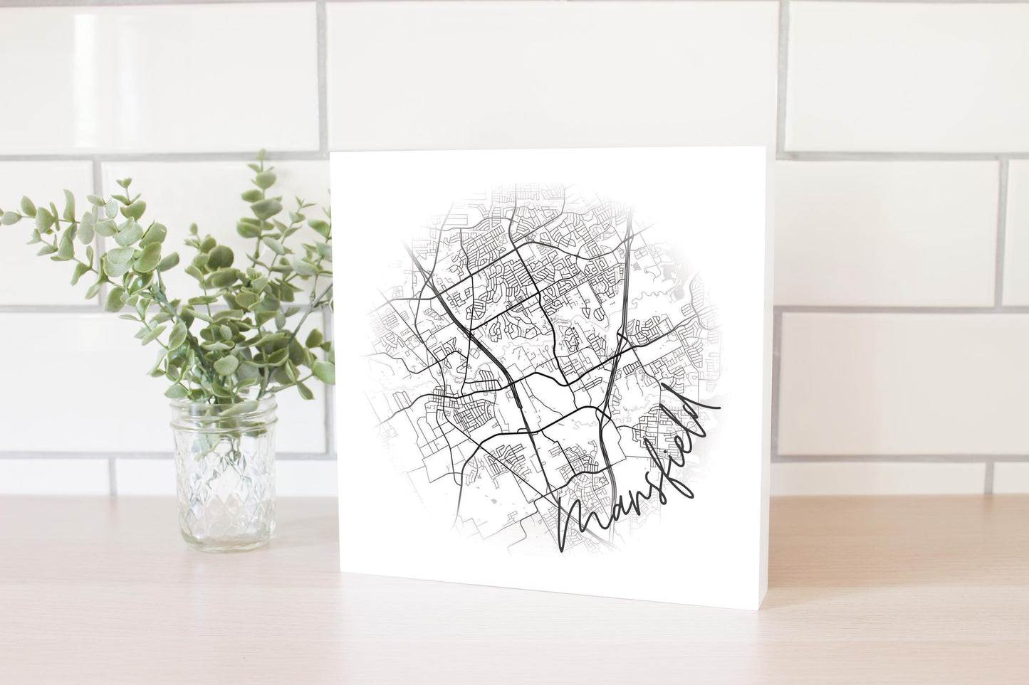 Minimalistic B&W Texas Mansfield Circle Map | Wood Block | Eaches | Min 2