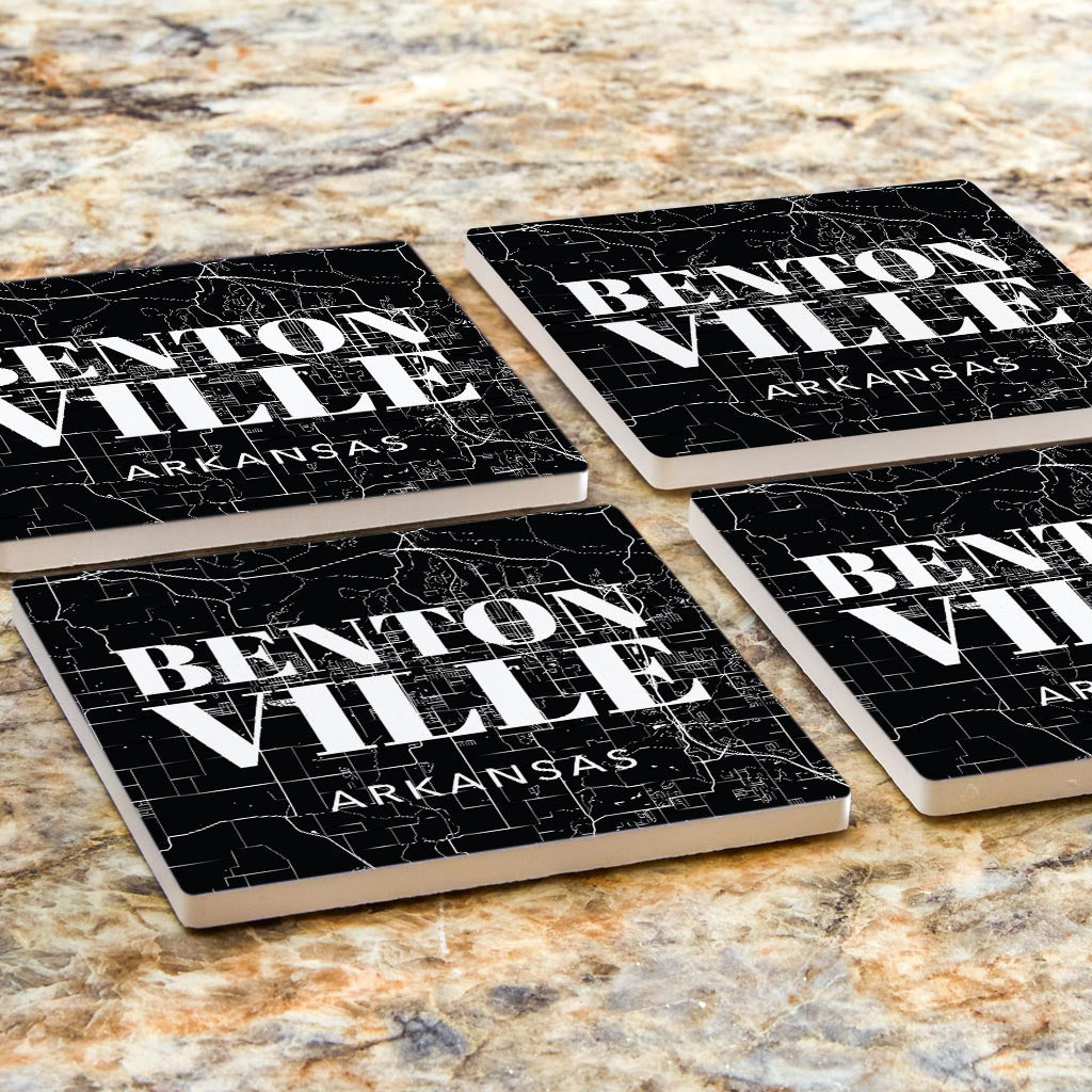 Minimalist B&W Arkansas Bentonville Map State | Absorbent Coasters | Set of 4 | Min 2