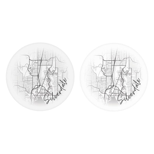 Minimalistic B&W Washington Silverdale Circle Map | Absorbent Car Coasters | Set of 2 | Min 4