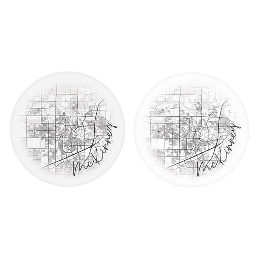 Minimalistic B&W Texas Mckinney Circle Map | Absorbent Car Coasters | Set of 2 | Min 4