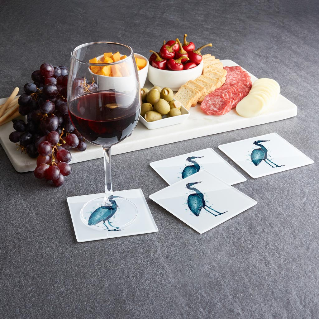 New England Water Color Heron | Hi-Def Glass Coasters | Set of 4 | Min 2