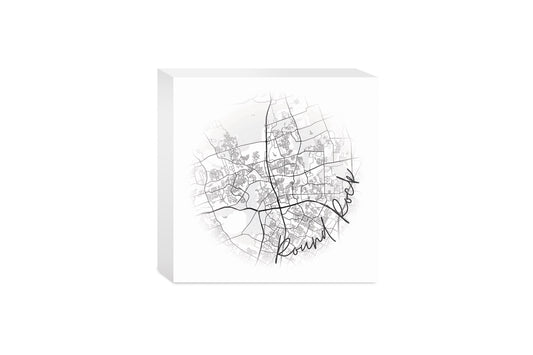 Minimalistic B&W Texas Round Rock Circle Map | Wood Block | Eaches | Min 4
