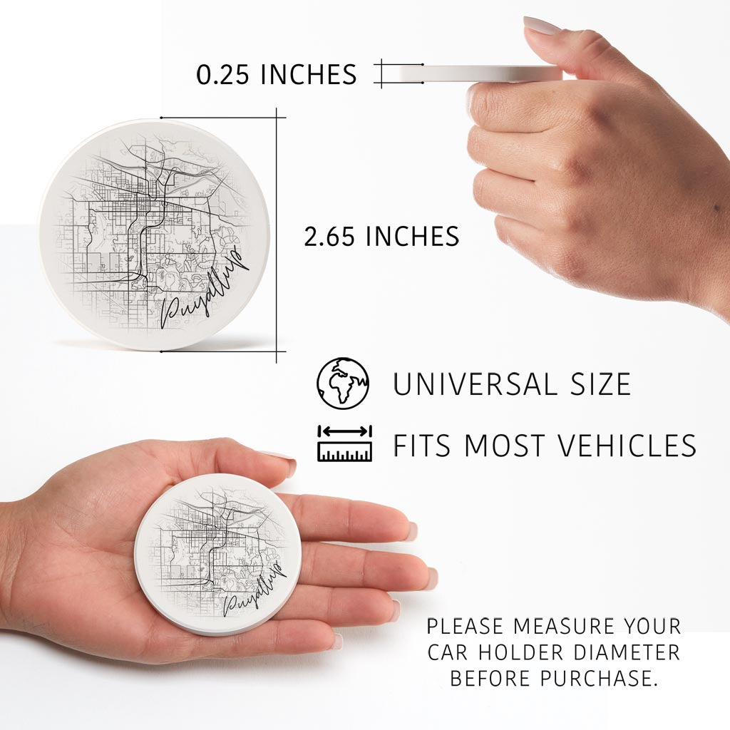 Minimalistic B&W Washington Puyallup Circle Map | Absorbent Car Coasters | Set of 2 | Min 4