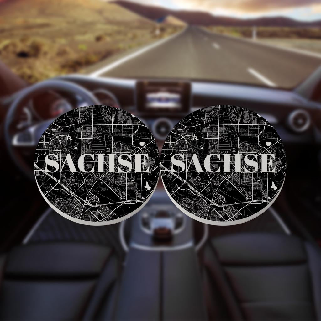 Minimalistic B&W Texas Sachse Map | Absorbent Car Coasters | Set of 2 | Min 4