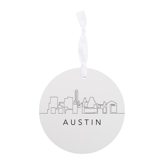 Minimalist B&W Texas Austin Skyline | Wood Ornament | Eaches | Min 6