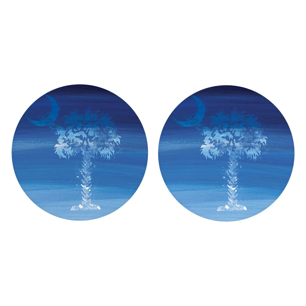 South Carolina Blue Water Color Palm Trees | Absorbent Car Coasters | Set of 2 | Min 4