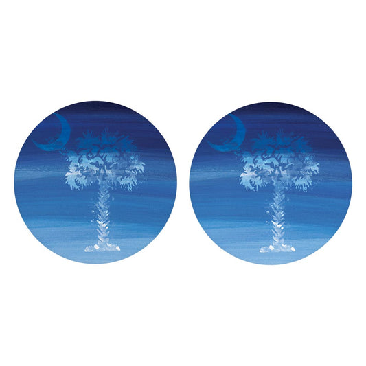 South Carolina Blue Water Color Palm Trees | Absorbent Car Coasters | Set of 2 | Min 4
