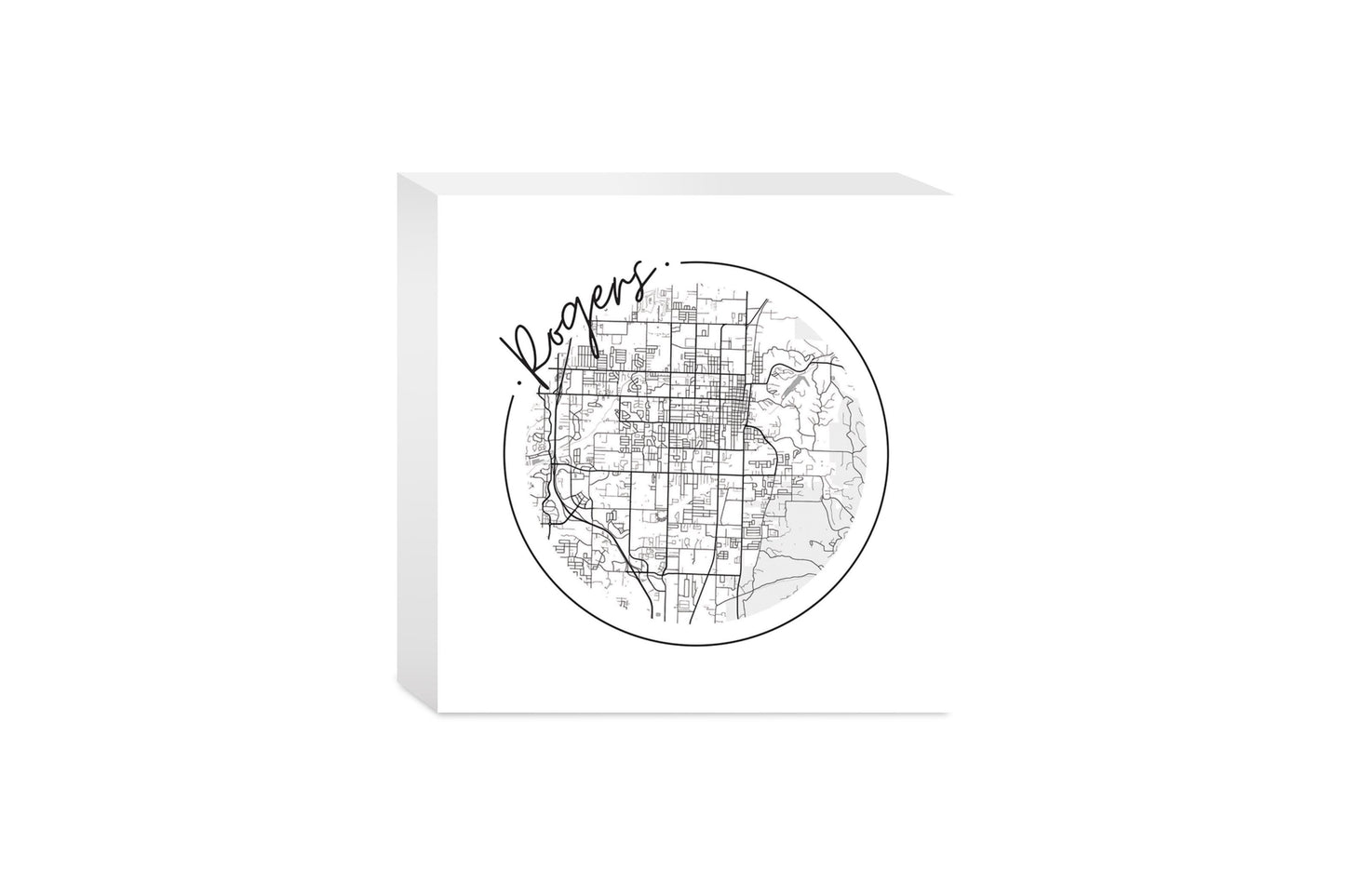 Minimalist B&W Arkansas Rogers Circle Map | Wood Block | Eaches | Min 4
