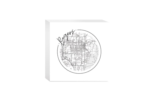 Minimalist B&W Arkansas Rogers Circle Map | Wood Block | Eaches | Min 4