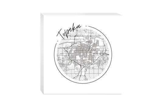 Minimalist B&W Kansas Topeka Circle Map | Wood Block | Eaches | Min 2