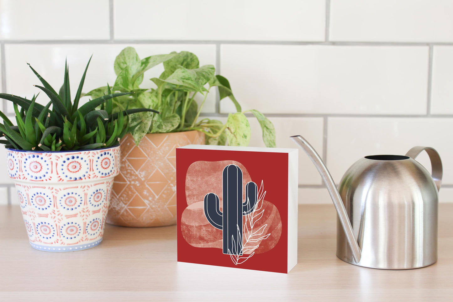 Modern Minimalist Texas Colors Cactus | Wood Block | Eaches | Min 4