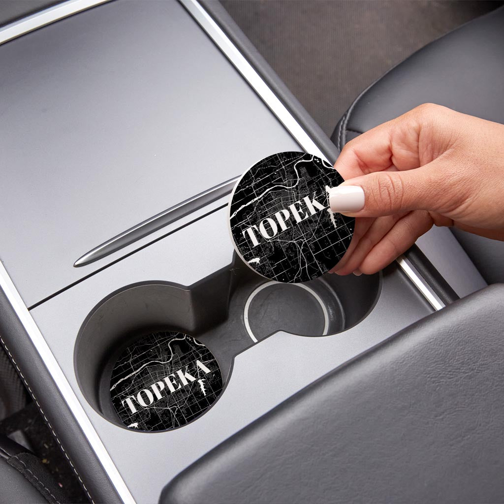 Minimalist B&W Kansas Topeka Map | Absorbent Car Coasters | Set of 2 | Min 4