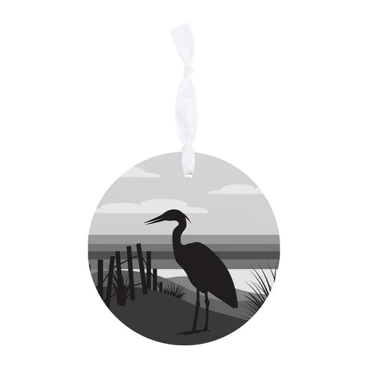 Minimalistic B&W Cape Cod Heron Illustration | Wood Ornament | Eaches | Min 6