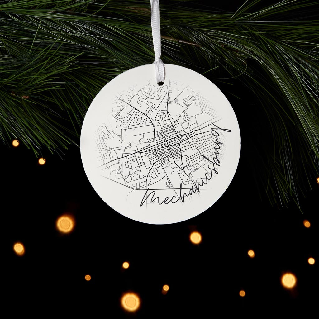 Minimalistic B&W Pennsylvania Mechanicsburg Circle Map| Wood Ornament | Eaches | Min 6