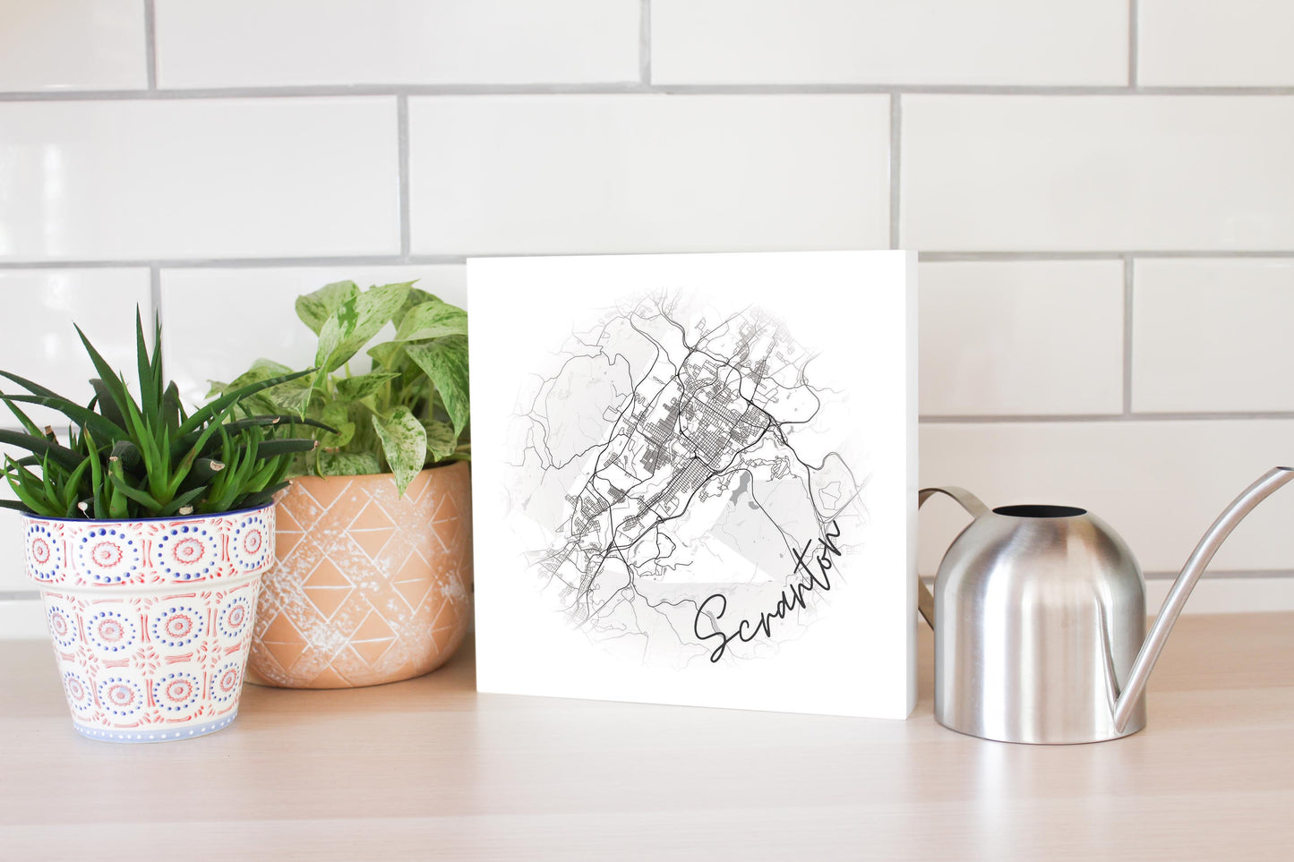 Minimalistic B&W Pennsylvania Scranton Circle Map | Wood Block | Eaches | Min 2