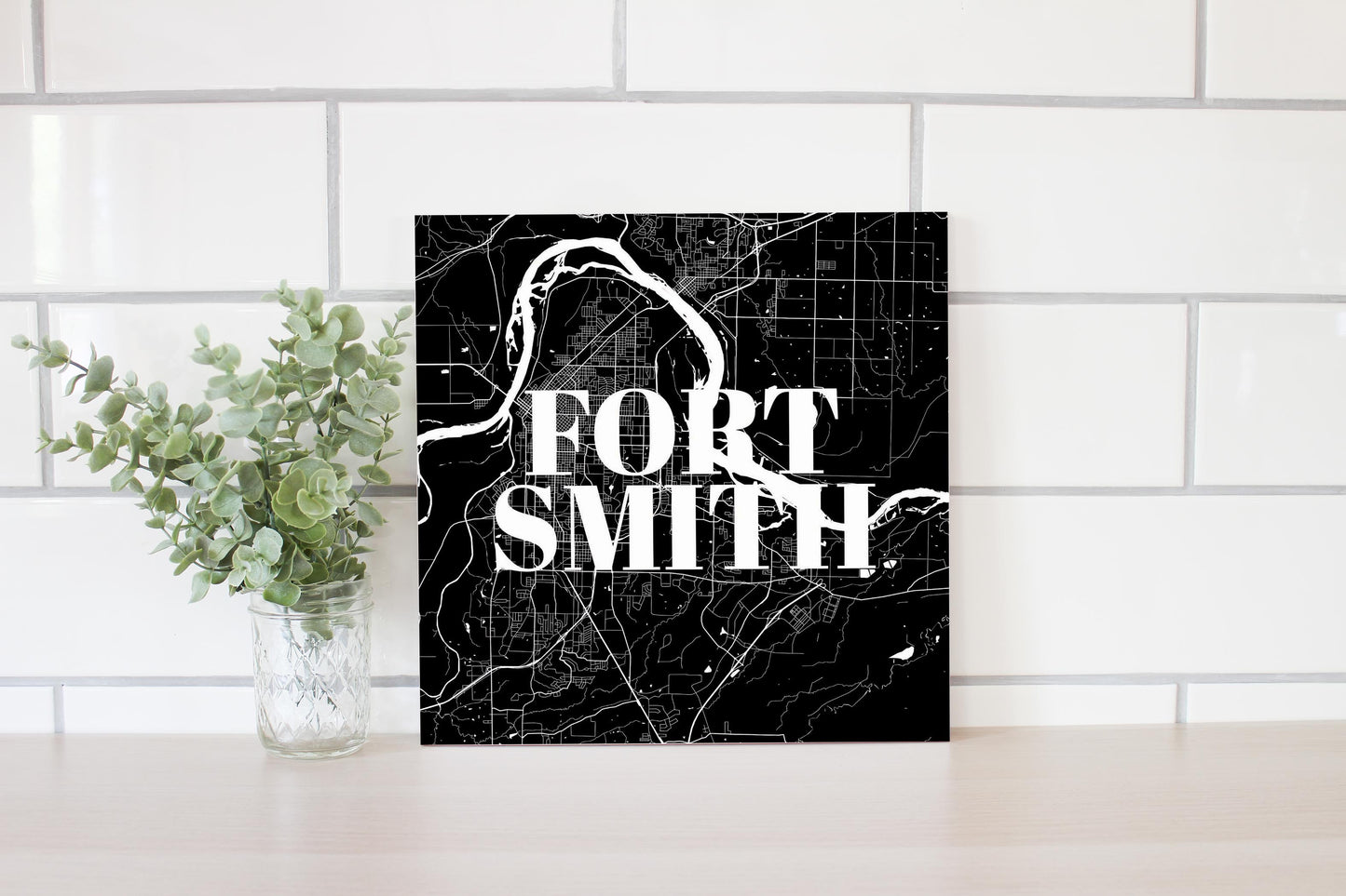B&W Minimalist Arkansas Fort Smith Map | Wood Sign | Eaches | Min 2