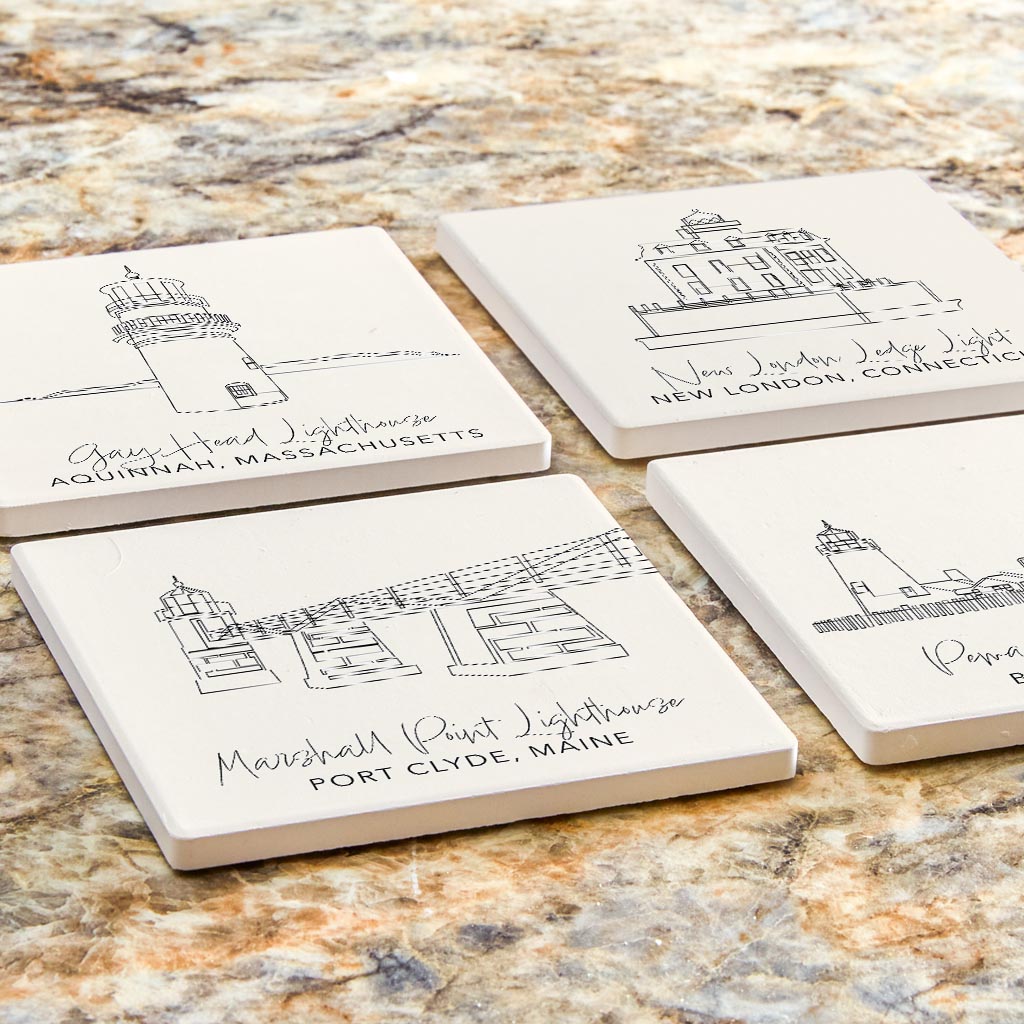 New England Lighthouses Cream Colored | Absorbent Coasters | Set of 4 | Min 2