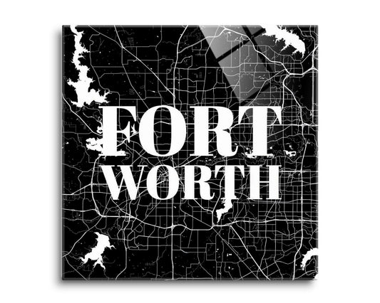 Minimalistic B&W Texas Fort Worth Map | Hi-Def Glass Art | Eaches | Min 2