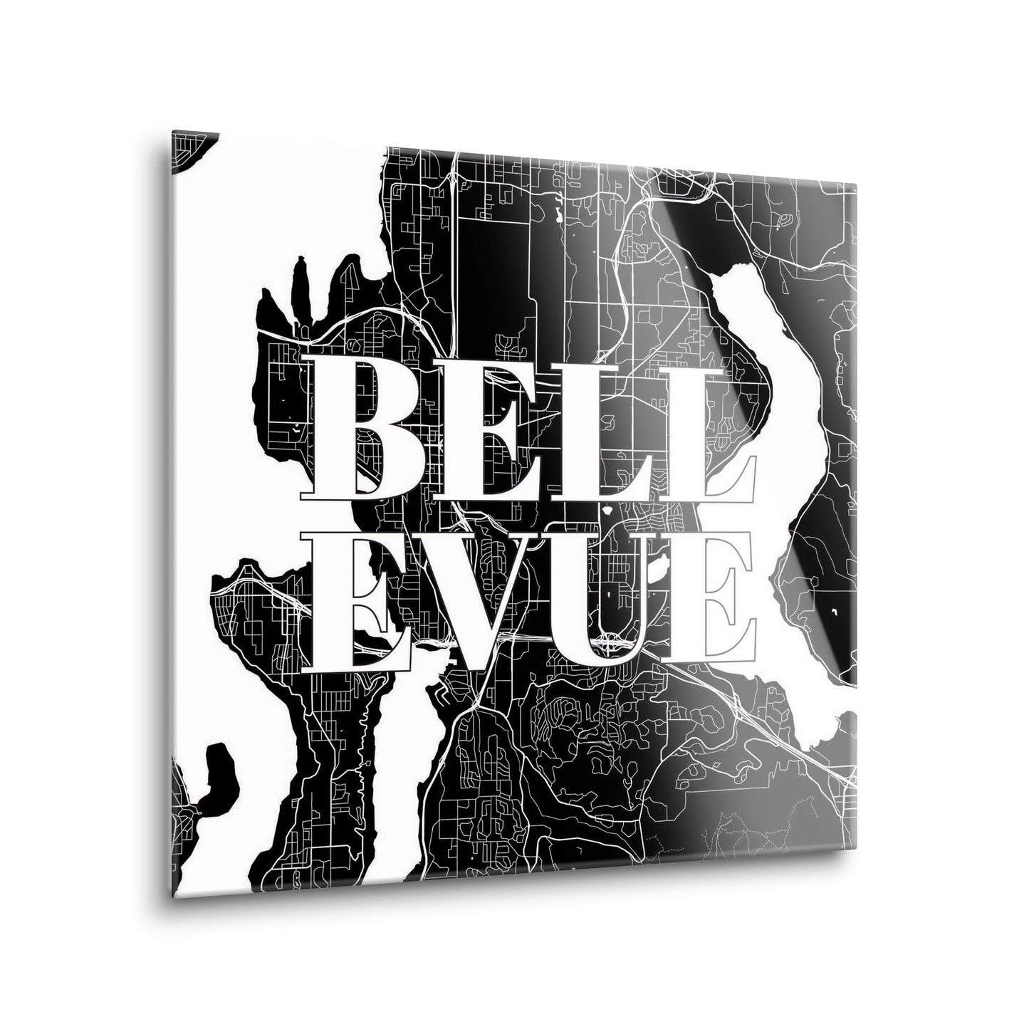 Minimalistic B&W Washington Bellevue Map | Hi-Def Glass Art | Eaches | Min 1