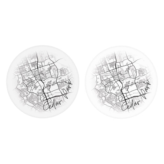 Minimalistic B&W Texas Cedar Park Circle Map | Absorbent Car Coasters | Set of 2 | Min 4