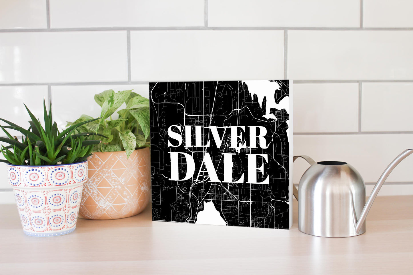 Minimalistic B&W Washington Silverdale Map | Wood Block | Eaches | Min 2
