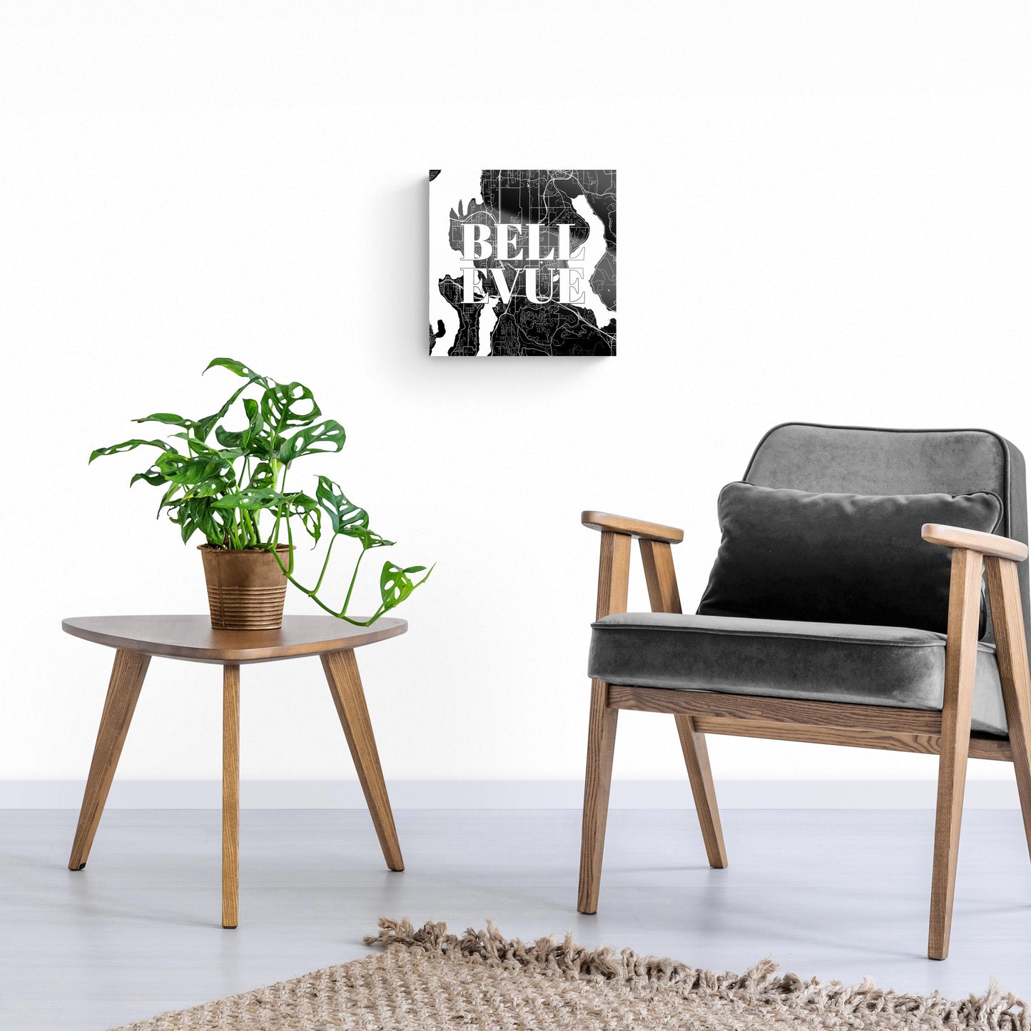 Minimalistic B&W Washington Bellevue Map | Hi-Def Glass Art | Eaches | Min 1