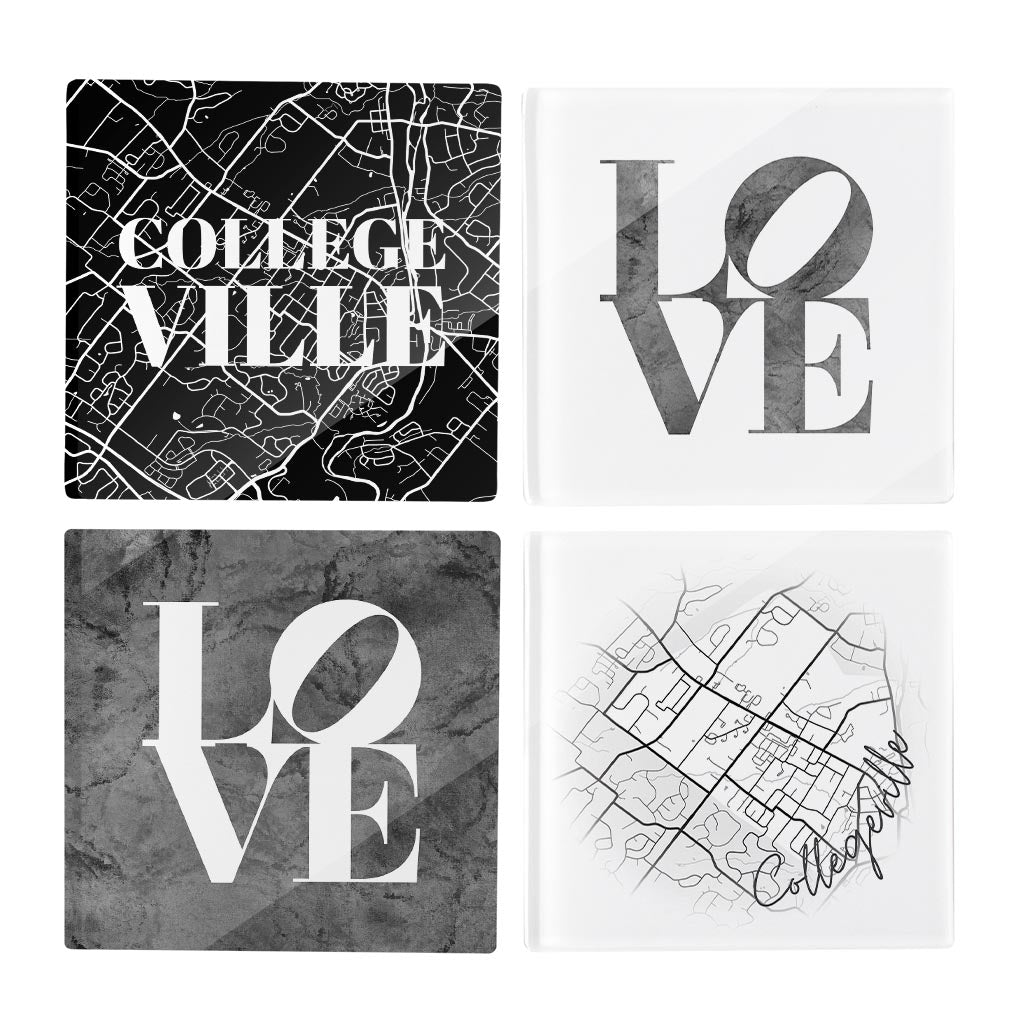 Minimalistic B&W Pennsylvania Collegeville Maps Love | Hi-Def Glass Coasters | Set of 4 | Min 2