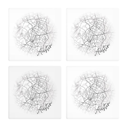 Minimalistic B&W Texas Austin Circle Map| Absorbent Coasters | Set of 4 | Min 2
