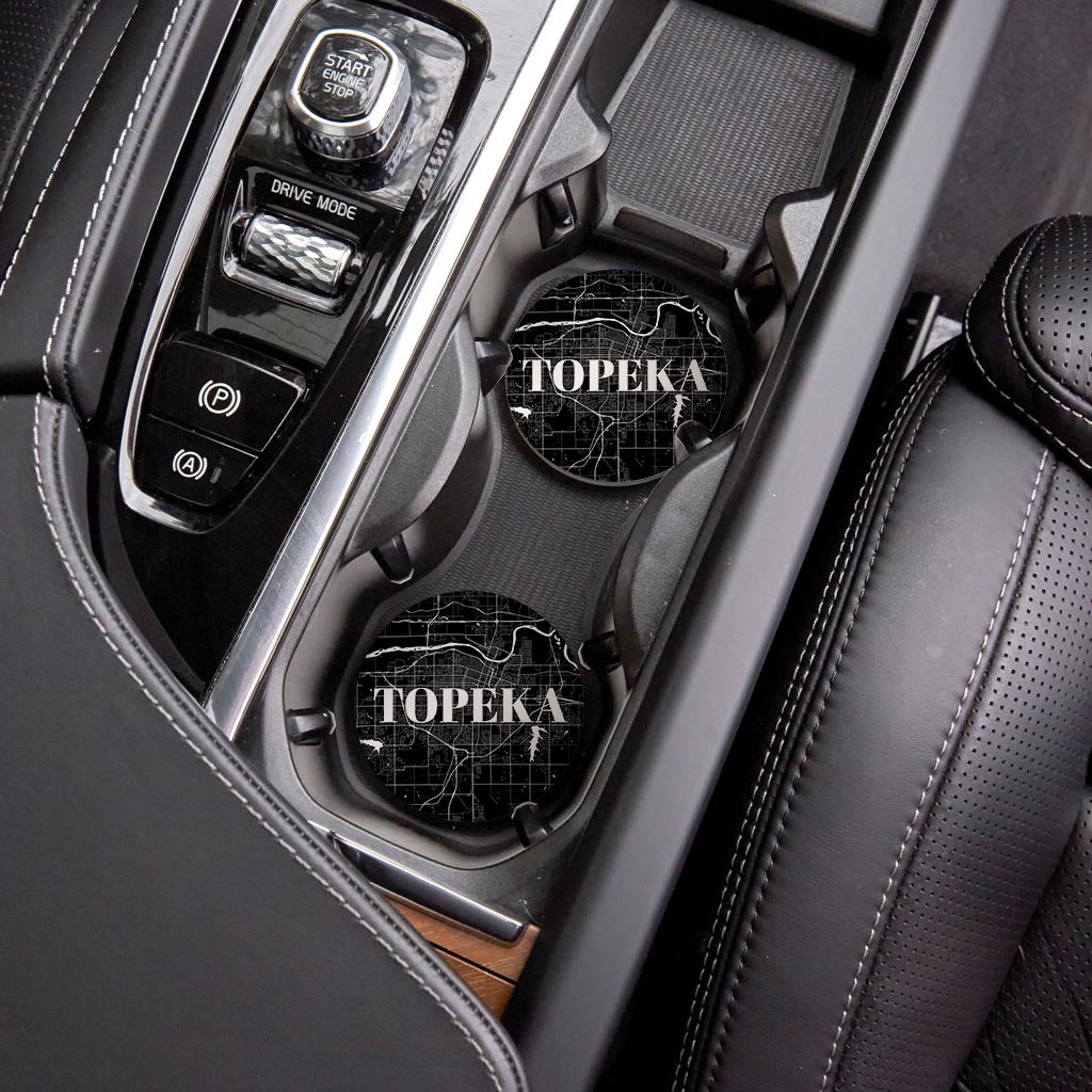 Minimalist B&W Kansas Topeka Map | Absorbent Car Coasters | Set of 2 | Min 4