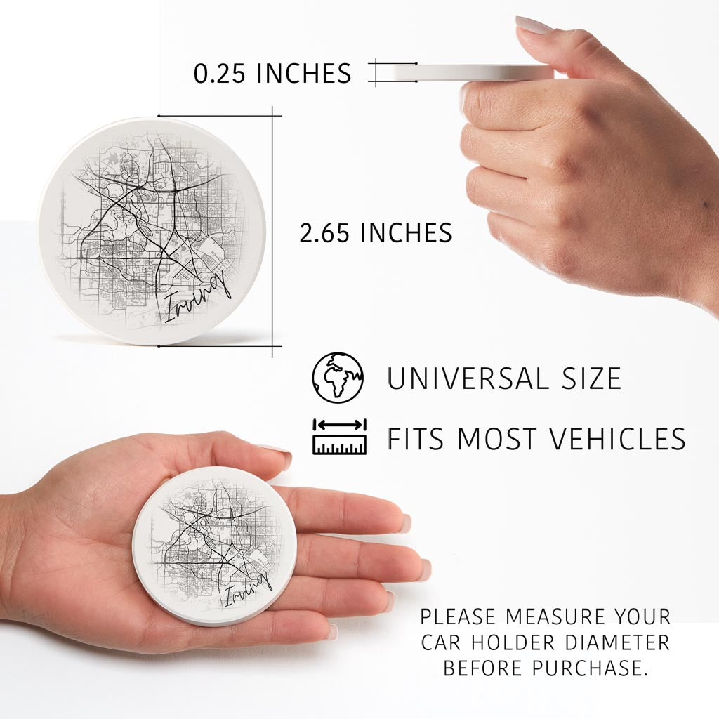 Minimalistic B&W Texas Irving Circle Map| Absorbent Car Coasters | Set of 2 | Min 4