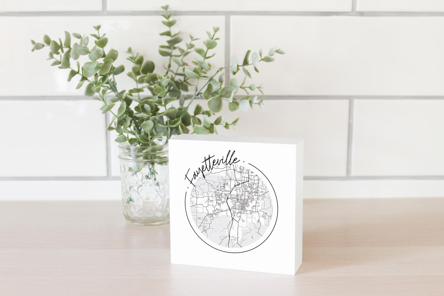 B&W Minimalist Arkansas Fayetteville Circle Map | Wood Block | Eaches | Min 4