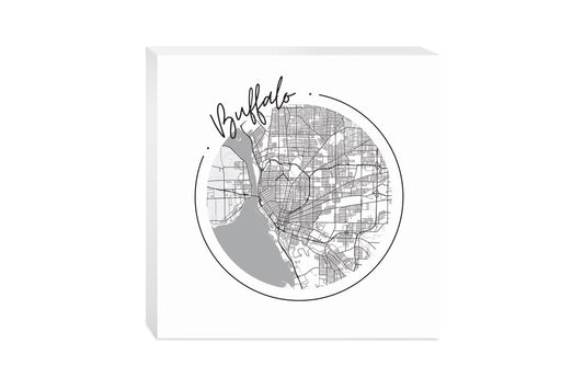 Minimalistic B&W New York Buffalo Circle Map | Wood Block | Eaches | Min 2