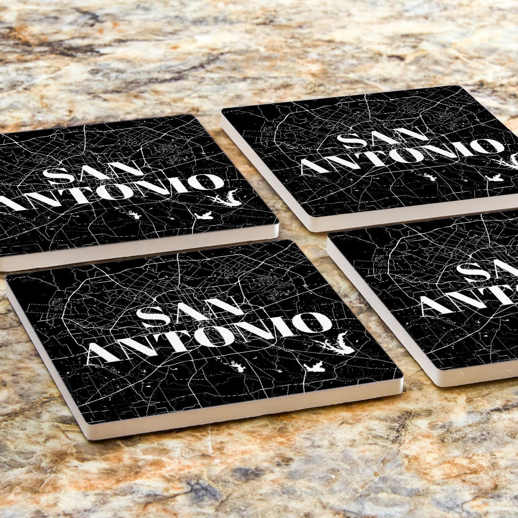 Minimalistic B&W Texas San Antonio Map | Absorbent Coasters | Set of 4 | Min 2