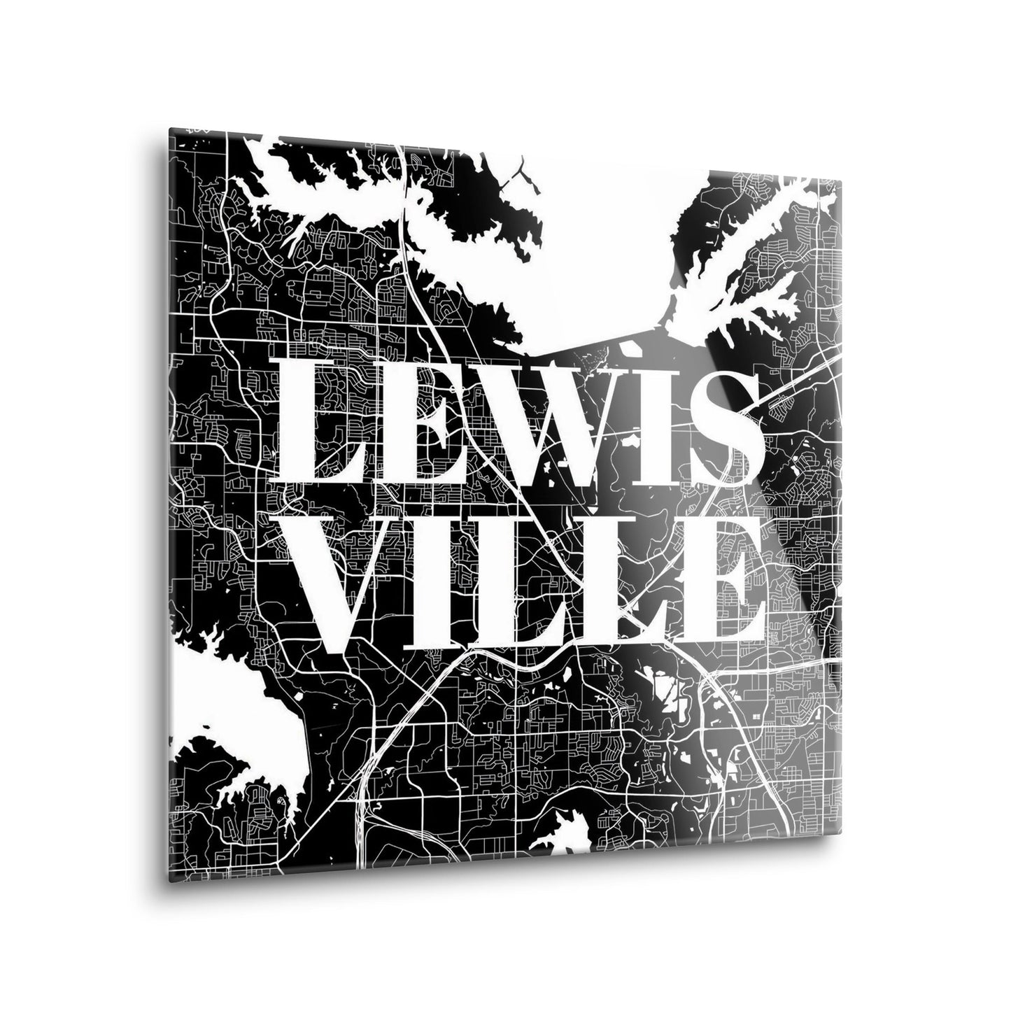 Minimalistic B&W Texas Lewisville Map | Hi-Def Glass Art | Eaches | Min 2