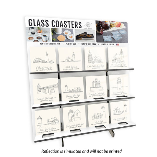 Lighthouse Line Drawing 1 Theme Square Glass Coaster Loaded Display POP Min of 1