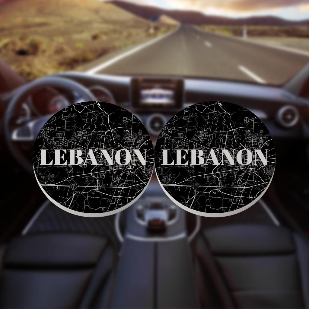 Minimalist B&W Tennessee Lebanon Map | Absorbent Car Coasters | Set of 2 | Min 4